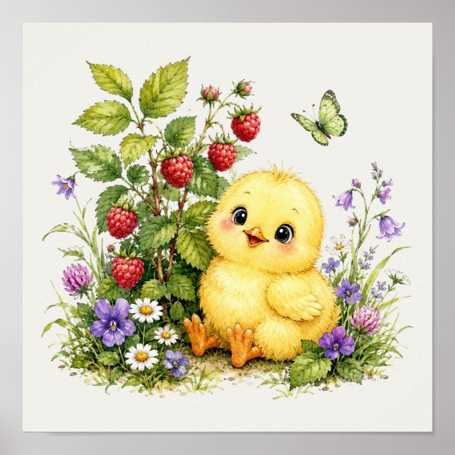 Affiche Jardin mignon de bébé poussin à l'aquarelle (Devant)
