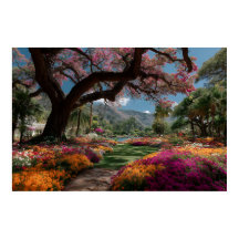 Jardin paradisiaque avec vue sur un arbre en fleur