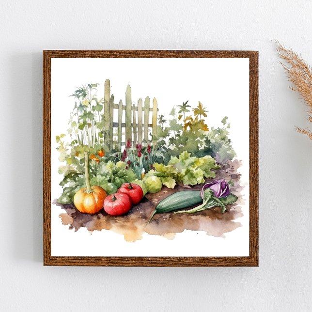 Affiche Jardin potager avec clôture aquarelle (Watercolor Vegetable Garden Wall Art.)