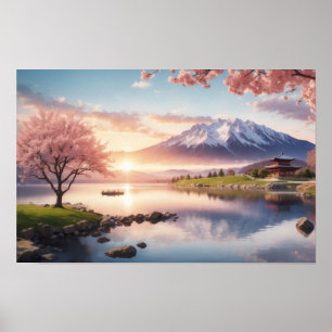 Affiche Jardin Sakura coucher de soleil avec vue sur la mo