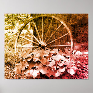 Affiche Jardin Vieux Wagon Wheel Noir et Blanc Vintage