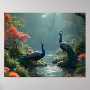 Affiche jardin zen avec paons