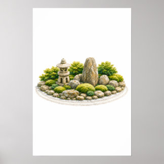 Affiche Jardin Zen Japonais avec Lanterne en Pierre et Roc