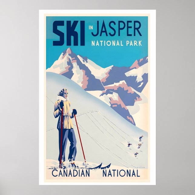Affiche Jasper National Park Canada Woman Skiing Vintage (Devant)