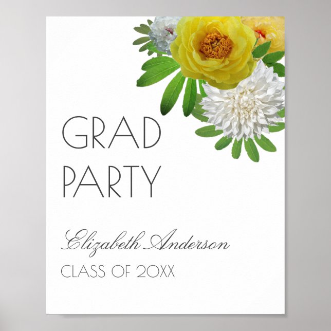 Affiche Jaune & Blanc Floral Graduation Party (Devant)
