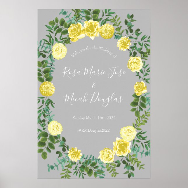 Affiche Jaune clair et gris pivoine et Rose Mariage floral (Devant)