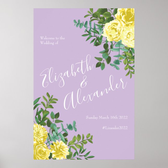 Affiche Jaune clair et Lilac Violet Rose Mariage Floral (Devant)