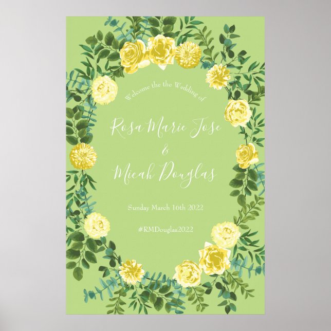 Affiche Jaune clair et vert pâle Rose Mariage floral (Devant)
