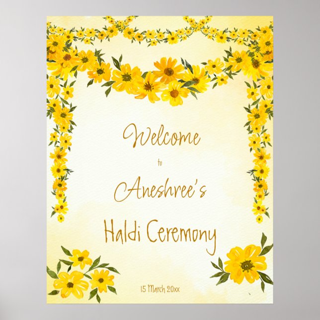 Affiche Jaune guirlandes florales mariage indien haldi wel (Devant)