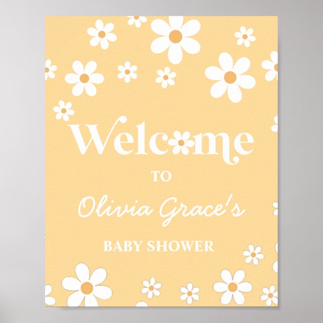 Affiche Jaune marguerite Retro Peace Love Baby shower Bien (Devant)