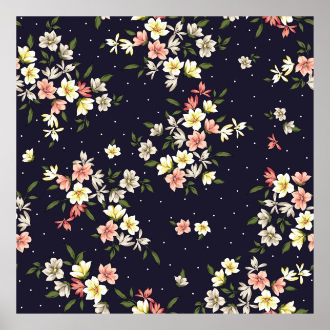 Affiche jaune rose et marron petites fleurs avec lea vert (Devant)