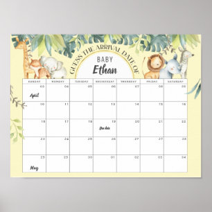 Affiche Jaune Safari jungle bébé date de naissance jeu de