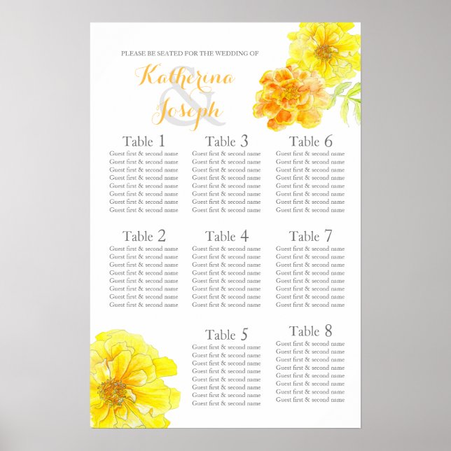 Affiche Jaune souci Planificateur de table de mariage 1-8 (Devant)