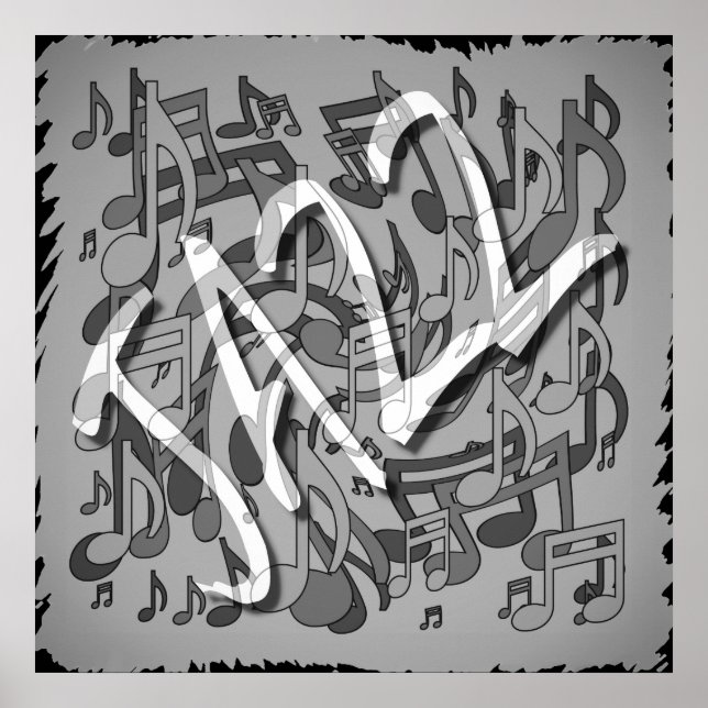 Affiche Jazz Music Motif Dancing Swirling Notes BW (Devant)