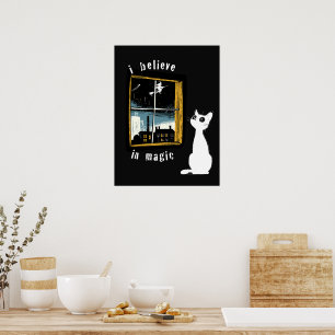 Affiche Je crois en la magie Chat blanc vintage Linogravur