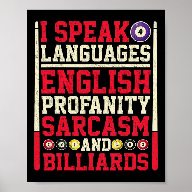Affiche Je Parle 4 Langues Profanité Sarcasme Et Billard (Devant)