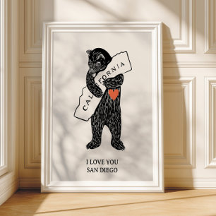 Affiche Je t'aime Californie Ours Étreignant Carte Ville P