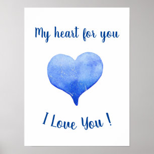 Affiche Je t'aime Coeur Bleu mignon Saint Valentin