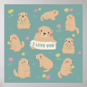 Affiche Je T'Aime, Illustration Marmotte