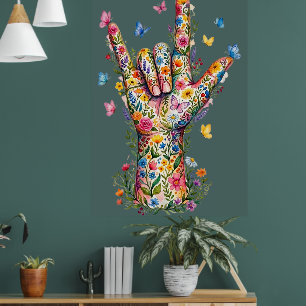 Affiche Je t'aime Langue des Signes Floraux Papillons