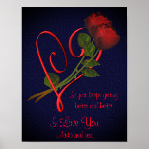 Affiche Je t'aime Roses rouges Coeur élégant Personnalisé