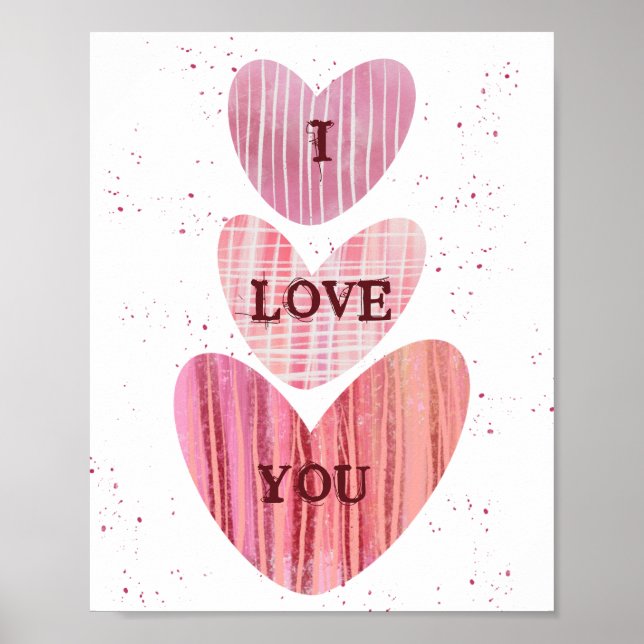 Affiche Je t'aime Valentine Rose Aquarelle Coeurs (Devant)