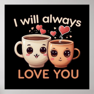 Affiche Je t'aimerai toujours, mignon couple tasses à thé