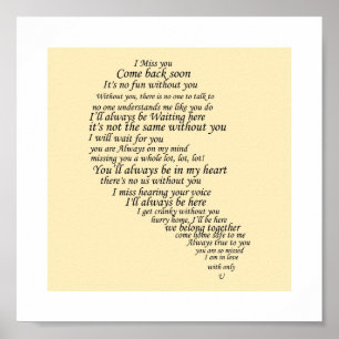 Affiche Je te manque du texte en demi-coeur