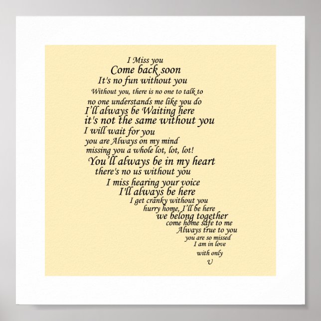 Affiche Je te manque du texte en demi-coeur (Devant)