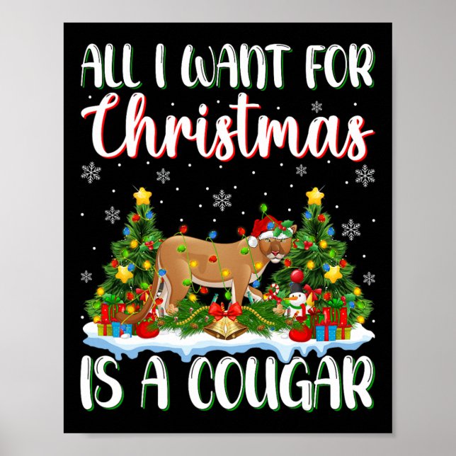 Affiche Je Veux Pour Noël Est Un Cougar Xmas Lumières Arbr (Devant)