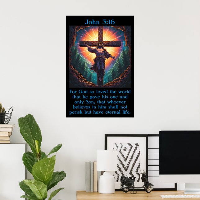 Affiche Jean 3:16 avec Jésus sur la croix (Bureau à domicile)