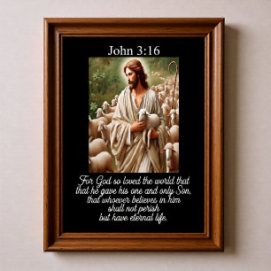 Affiche Jean 3:16 Bon Pasteur berçant agneau troupeau bâto