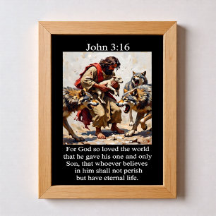 Affiche Jean 3:16 Bon Pasteur Livrant l'Agneau aux Loups