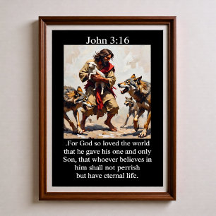 Affiche Jean 3:16 Bon Pasteur Protège l'Agneau des Loups