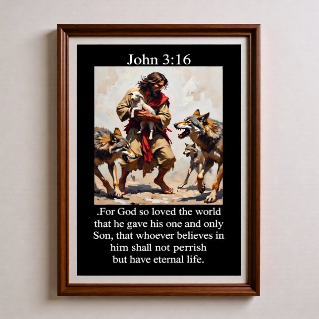 Affiche Jean 3:16 Bon Pasteur Protège l'Agneau des Loups (Créateur téléchargé)