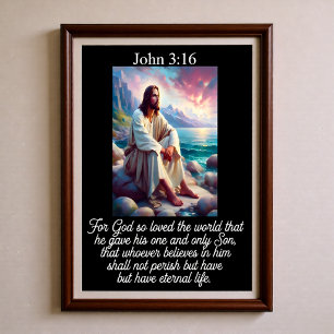 Affiche Jean 3:16 Jésus assis au coucher du soleil sur une