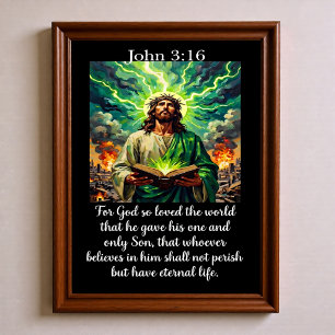 Affiche Jean 3:16 Jésus Bible Sainte Brillante Ville en Fe