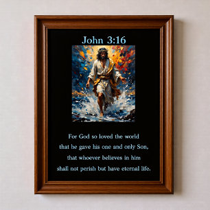 Affiche Jean 3:16 Jésus marchant sur l'eau mer agitée
