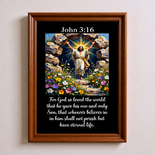 Affiche Jean 3:16 Jésus ressuscité Tombeau vide Fleurs sau