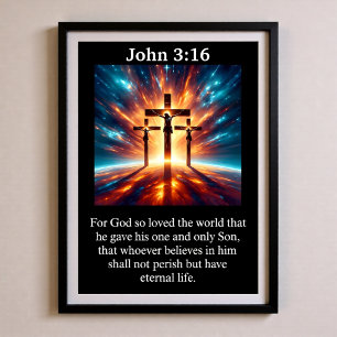 Affiche Jean 3:16 Trois Croix Nébuleuse Cosmique Crucifixi