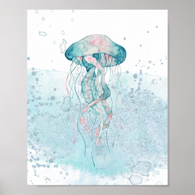 Affiche Jellyfish de mer turquoise et rose Thème aquatique (Devant)
