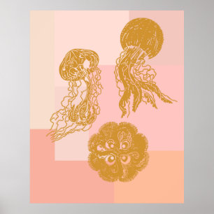 Affiche Jellyfish Vintage Ocean Illustration rose et or