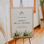 Affiche JENNA Rustic Pine Tree Fête des mariées Bienvenue<br><div class="desc">Ce panneau d'accueil pour la douche nuptiale est orné de pins aquarellés rustiques et d'une police manuscrite bohème. Ce signe de bienvenue a une formulation entièrement modifiable et est parfait pour votre événement à thème montagne ou forestier.</div>