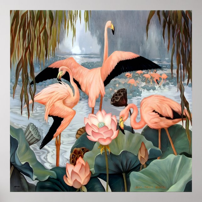 Affiche Jessie Arms Botke - Flamants roses et lotus (Devant)