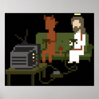 Affiche Jesus And Devil Playing Video Games Pixel Art