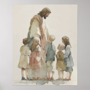 Affiche Jésus avec les Enfants Aquarelle