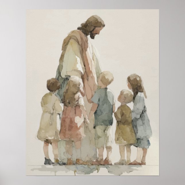 Affiche Jésus avec les Enfants Aquarelle (Devant)