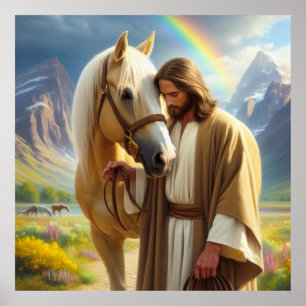Affiche Jésus avec Palomino Horse dans le paysage Pittores