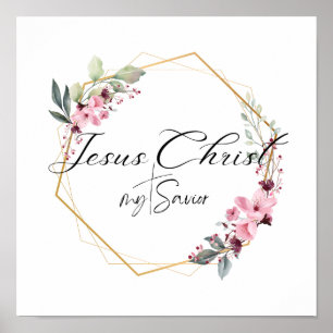 Affiche Jésus Christ mon Sauveur Cadre Floral Or