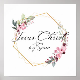 Affiche Jésus Christ mon Sauveur Cadre Floral Or